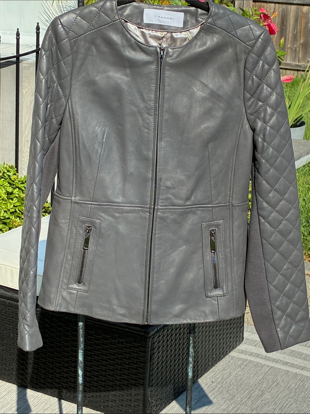 T Tahari Quilted-Sleeve, Beautifully Tailored, 2 Pocket, Leather Jacket, M